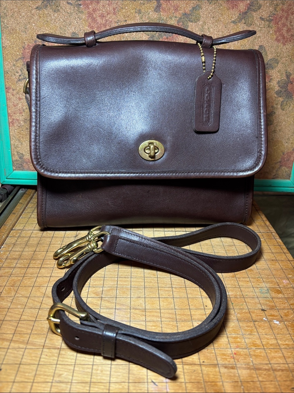 Coach Court Dark Brown Leather Satchel Bag w Strap Hang Tag Brass HW Vintage